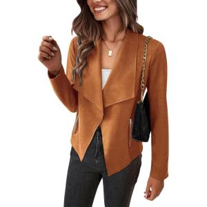 imagePRETTYGARDEN Womens Faux Suede Jackets 2025 Spring Fall Clothes Long Sleeve Open Front Cropped Coat OutwearBrown
