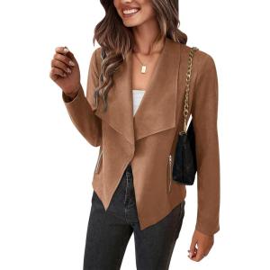 imagePRETTYGARDEN Womens Faux Suede Jackets 2025 Spring Fall Clothes Long Sleeve Open Front Cropped Coat OutwearCamel