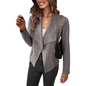imagePRETTYGARDEN Womens Faux Suede Jackets 2025 Spring Fall Clothes Long Sleeve Open Front Cropped Coat OutwearGrey