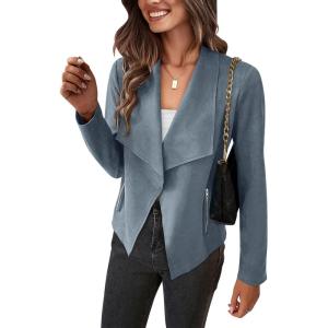 imagePRETTYGARDEN Womens Faux Suede Jackets 2025 Spring Fall Clothes Long Sleeve Open Front Cropped Coat OutwearGrey Blue