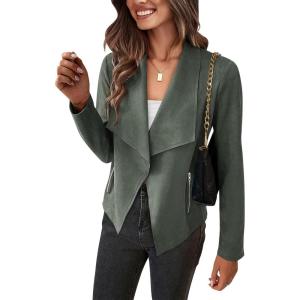 imagePRETTYGARDEN Womens Faux Suede Jackets 2025 Spring Fall Clothes Long Sleeve Open Front Cropped Coat OutwearLight Green