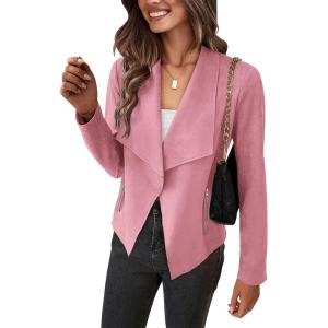imagePRETTYGARDEN Womens Faux Suede Jackets 2025 Spring Fall Clothes Long Sleeve Open Front Cropped Coat OutwearPink