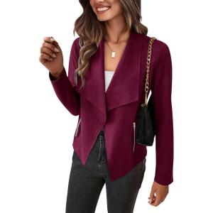 imagePRETTYGARDEN Womens Faux Suede Jackets 2025 Spring Fall Clothes Long Sleeve Open Front Cropped Coat OutwearPurple Red