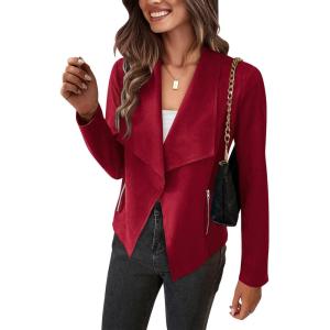 imagePRETTYGARDEN Womens Faux Suede Jackets 2025 Spring Fall Clothes Long Sleeve Open Front Cropped Coat OutwearRed