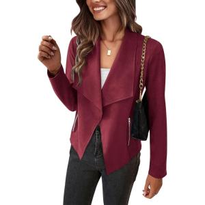 imagePRETTYGARDEN Womens Faux Suede Jackets 2025 Spring Fall Clothes Long Sleeve Open Front Cropped Coat OutwearWine Red