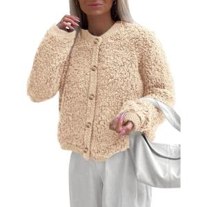 imagePRETTYGARDEN Womens Faux Fur Shearling Coat Fuzzy Fleece Button Up Trendy Fall Winter Cropped Jackets OuterwearBeige