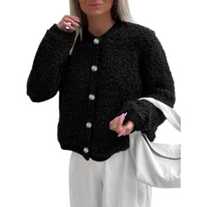 imagePRETTYGARDEN Womens Faux Fur Shearling Coat Fuzzy Fleece Button Up Trendy Fall Winter Cropped Jackets OuterwearBlack