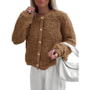 imagePRETTYGARDEN Womens Faux Fur Shearling Coat Fuzzy Fleece Button Up Trendy Fall Winter Cropped Jackets OuterwearBrown