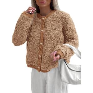 imagePRETTYGARDEN Womens Faux Fur Shearling Coat Fuzzy Fleece Button Up Trendy Fall Winter Cropped Jackets OuterwearCamel