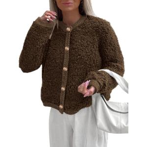 imagePRETTYGARDEN Womens Faux Fur Shearling Coat Fuzzy Fleece Button Up Trendy Fall Winter Cropped Jackets OuterwearCoffee