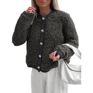imagePRETTYGARDEN Womens Faux Fur Shearling Coat Fuzzy Fleece Button Up Trendy Fall Winter Cropped Jackets OuterwearDark Grey