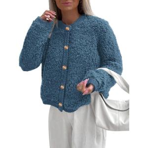 imagePRETTYGARDEN Womens Faux Fur Shearling Coat Fuzzy Fleece Button Up Trendy Fall Winter Cropped Jackets OuterwearDenim Blue