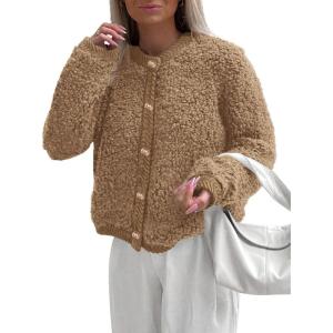 imagePRETTYGARDEN Womens Faux Fur Shearling Coat Fuzzy Fleece Button Up Trendy Fall Winter Cropped Jackets OuterwearKhaki
