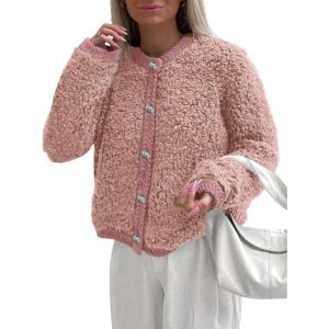 imagePRETTYGARDEN Womens Faux Fur Shearling Coat Fuzzy Fleece Button Up Trendy Fall Winter Cropped Jackets OuterwearPink
