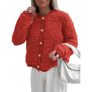 imagePRETTYGARDEN Womens Faux Fur Shearling Coat Fuzzy Fleece Button Up Trendy Fall Winter Cropped Jackets OuterwearRed