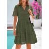 imagePRETTYGARDEN Womens Short Sleeve Mini Dress 2025 Summer V Neck Hollow Out Eyelet Ruffle A Line Swing Short DressesArmy Green