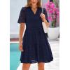 imagePRETTYGARDEN Womens Short Sleeve Mini Dress 2025 Summer V Neck Hollow Out Eyelet Ruffle A Line Swing Short DressesNavy