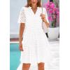 imagePRETTYGARDEN Womens Short Sleeve Mini Dress 2025 Summer V Neck Hollow Out Eyelet Ruffle A Line Swing Short DressesWhite