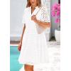 imagePRETTYGARDEN Womens Short Sleeve Mini Dress 2025 Summer V Neck Hollow Out Eyelet Ruffle A Line Swing Short DressesWhite