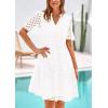 imagePRETTYGARDEN Womens Short Sleeve Mini Dress 2025 Summer V Neck Hollow Out Eyelet Ruffle A Line Swing Short DressesWhite
