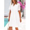 imagePRETTYGARDEN Womens Short Sleeve Mini Dress 2025 Summer V Neck Hollow Out Eyelet Ruffle A Line Swing Short DressesWhite