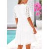 imagePRETTYGARDEN Womens Short Sleeve Mini Dress 2025 Summer V Neck Hollow Out Eyelet Ruffle A Line Swing Short DressesWhite