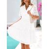 imagePRETTYGARDEN Womens Short Sleeve Mini Dress 2025 Summer V Neck Hollow Out Eyelet Ruffle A Line Swing Short DressesWhite