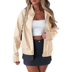 imagePRETTYGARDEN Womens Faux Leather Jackets 2025 Spring Bomber Jacket Zip Up Motorcycle Coats Long Sleeve Winter ClothesBeige White