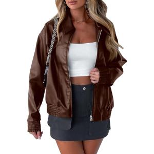 imagePRETTYGARDEN Womens Faux Leather Jackets 2025 Spring Bomber Jacket Zip Up Motorcycle Coats Long Sleeve Winter ClothesCoffee
