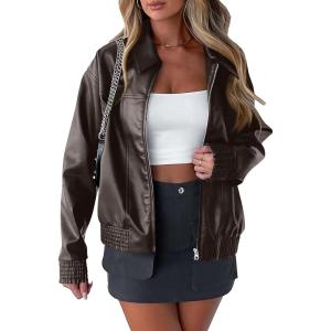 imagePRETTYGARDEN Womens Faux Leather Jackets 2025 Spring Bomber Jacket Zip Up Motorcycle Coats Long Sleeve Winter ClothesDark Grey