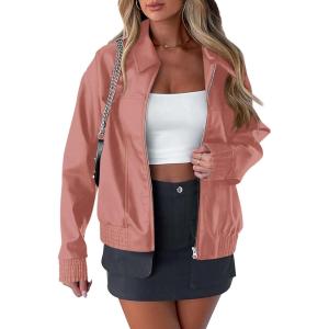 imagePRETTYGARDEN Womens Faux Leather Jackets 2025 Spring Bomber Jacket Zip Up Motorcycle Coats Long Sleeve Winter ClothesDark Pink