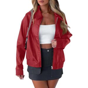 imagePRETTYGARDEN Womens Faux Leather Jackets 2025 Spring Bomber Jacket Zip Up Motorcycle Coats Long Sleeve Winter ClothesDark Red
