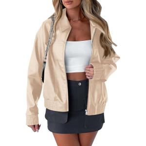 imagePRETTYGARDEN Womens Faux Leather Jackets 2025 Spring Bomber Jacket Zip Up Motorcycle Coats Long Sleeve Winter ClothesLight Khaki