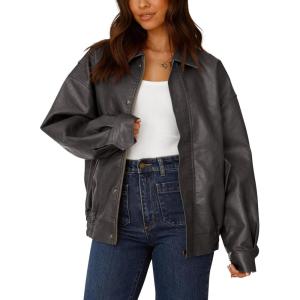 imagePRETTYGARDEN Womens Faux Leather Motorcycle Jacket Trendy Fall Spring Clothes Oversized Zip Up Winter Coat OuterwearGrey