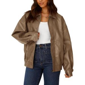 imagePRETTYGARDEN Womens Faux Leather Motorcycle Jacket Trendy Fall Spring Clothes Oversized Zip Up Winter Coat OuterwearKhaki