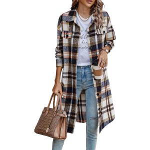 imagePRETTYGARDEN Womens Plaid Shacket 2025 Long Sleeve Button Up Flannel Shirt Winter Tartan Jacket Woolen CoatsBrown