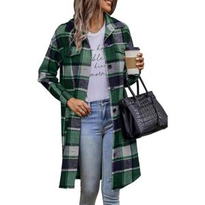 imagePRETTYGARDEN Womens Plaid Shacket 2025 Long Sleeve Button Up Flannel Shirt Winter Tartan Jacket Woolen CoatsDark Green