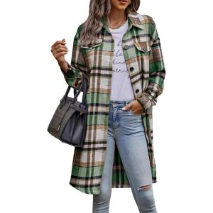 imagePRETTYGARDEN Womens Plaid Shacket 2025 Long Sleeve Button Up Flannel Shirt Winter Tartan Jacket Woolen CoatsGreen