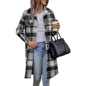 imagePRETTYGARDEN Womens Plaid Shacket 2025 Long Sleeve Button Up Flannel Shirt Winter Tartan Jacket Woolen CoatsGrey