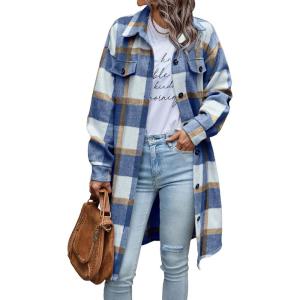 imagePRETTYGARDEN Womens Plaid Shacket 2025 Long Sleeve Button Up Flannel Shirt Winter Tartan Jacket Woolen CoatsPlaid Blue White