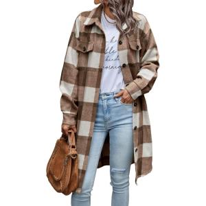 imagePRETTYGARDEN Womens Plaid Shacket 2025 Long Sleeve Button Up Flannel Shirt Winter Tartan Jacket Woolen CoatsPlaid Brown