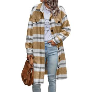 imagePRETTYGARDEN Womens Plaid Shacket 2025 Long Sleeve Button Up Flannel Shirt Winter Tartan Jacket Woolen CoatsPlaid Yellow
