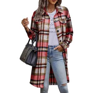 imagePRETTYGARDEN Womens Plaid Shacket 2025 Long Sleeve Button Up Flannel Shirt Winter Tartan Jacket Woolen CoatsRed