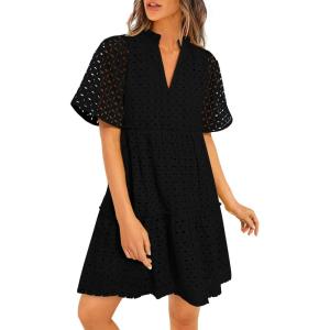 imagePRETTYGARDEN Womens Short Sleeve Mini Dress 2025 Summer V Neck Hollow Out Eyelet Ruffle A Line Swing Short DressesBlack