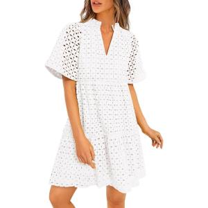 imagePRETTYGARDEN Womens Short Sleeve Mini Dress 2025 Summer V Neck Hollow Out Eyelet Ruffle A Line Swing Short DressesWhite