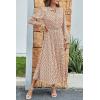 imagePRETTYGARDEN Womens 2025 Spring Fall Midi Dress Casual Long Sleeve V Neck Swiss Dot Pleated A Line Flowy DressesApricot Brown Floral