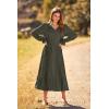 imagePRETTYGARDEN Womens 2025 Spring Fall Midi Dress Casual Long Sleeve V Neck Swiss Dot Pleated A Line Flowy DressesArmy Green
