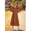 imagePRETTYGARDEN Womens 2025 Spring Fall Midi Dress Casual Long Sleeve V Neck Swiss Dot Pleated A Line Flowy DressesBrown