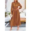 imagePRETTYGARDEN Womens 2025 Spring Fall Midi Dress Casual Long Sleeve V Neck Swiss Dot Pleated A Line Flowy DressesBrown Blue Floral