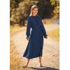 imagePRETTYGARDEN Womens 2025 Spring Fall Midi Dress Casual Long Sleeve V Neck Swiss Dot Pleated A Line Flowy DressesDark Blue